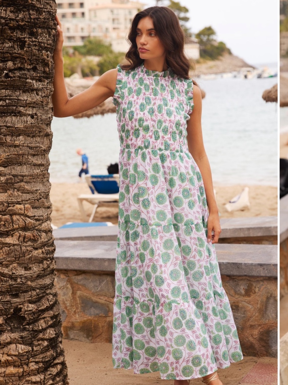 Oliphant Green and White Leaf-Print Maxi Dress